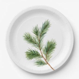White Green Pine Tree Branch Christmas Paper Plate