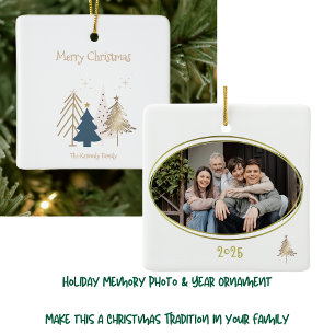 White Green Pink & Gold Christmas Trees Ceramic Ornament