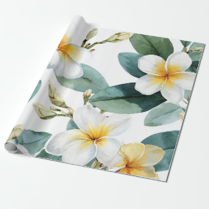 White Green Plumeria Hawaii Tropical Frangipani Wrapping Paper