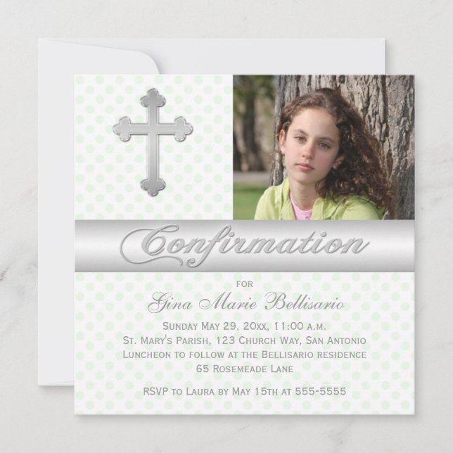 White Green Polka Dots Confirmation Photo Invite (Front)