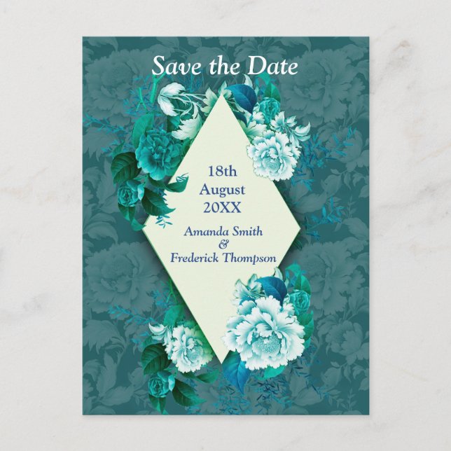 White/ green Rose Flowers on Green pattern paper  Announcement Postcard (Front)