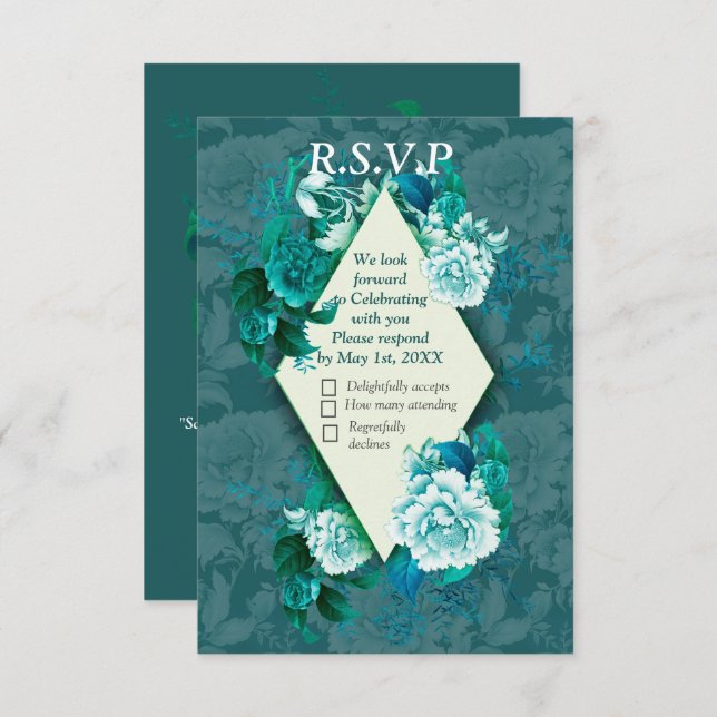 White/Green Rose Flowers on Green pattern paper  RSVP Card (Front/Back)