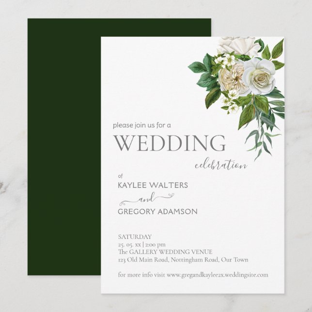White green rustic roses wedding invite template (Front/Back)