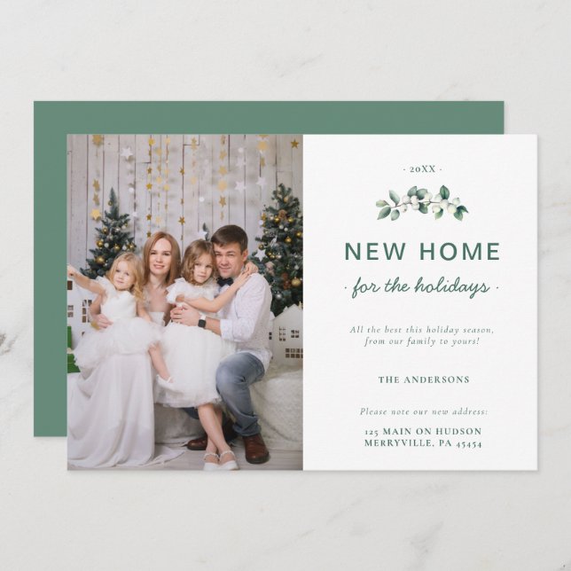 White Green Snow Berries New Home Family Photo Holiday Card (Front/Back)