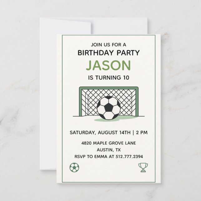 White & Green Soccer Birthday • Boys Sports Party Invitation (Front)