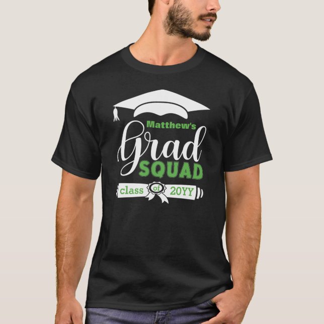White & Green Text Custom Mens Black Grad Squad T-Shirt (Front)