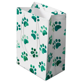 White Green Textured Paw Print Pattern Medium Gift Bag