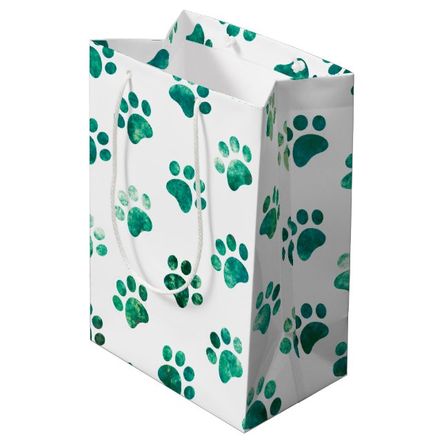 White Green Textured Paw Print Pattern Medium Gift Bag (Back Angled)