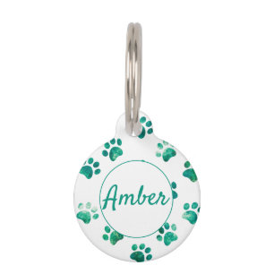 White Green Textured Paw Print Personalised Pet Tag