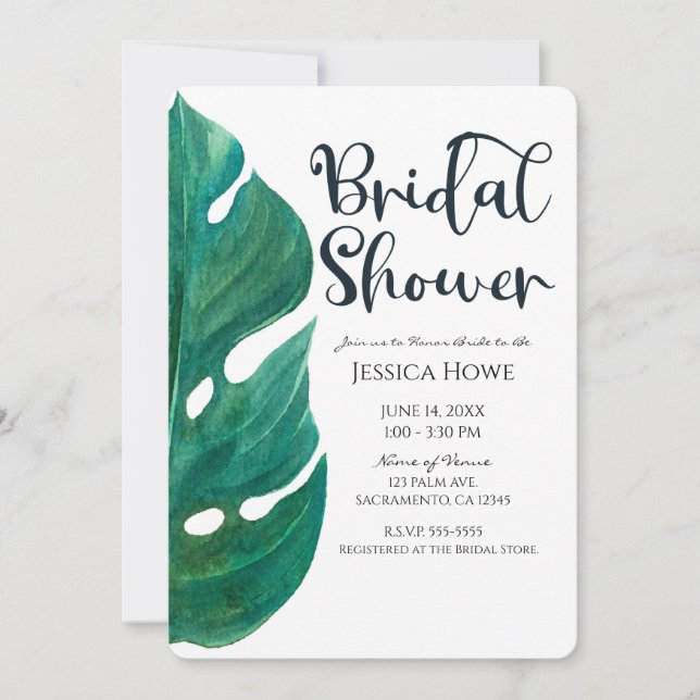 White & Green Tropical Leaf Classy Bridal Shower Invitation (Front)