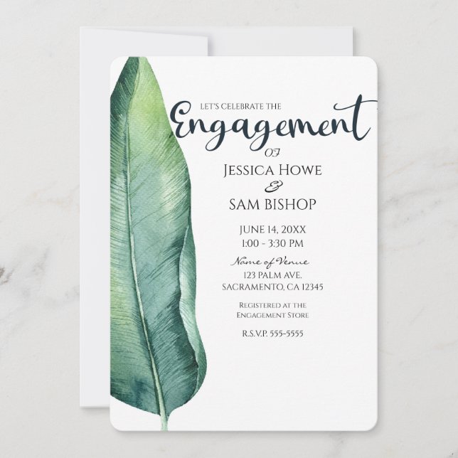 White & Green Tropical Leaf Classy Engagement Invitation (Front)