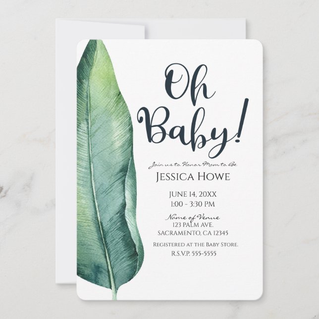 White & Green Tropical Leaf Classy Oh Baby Shower Invitation (Front)