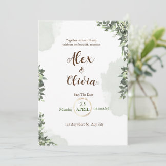  White Green watercolor floral wedding  Invitation