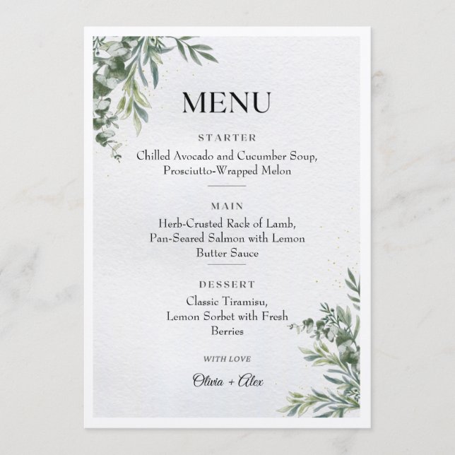 White & Green Watercolor Leaves Wedding Menu (Front)