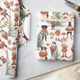 White Green Woodland Dog Christmas  Wrapping Paper