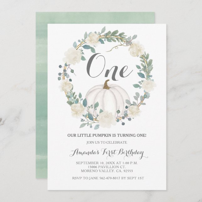 White Greenery Fall White Pumpkin 1st Birthday Invitation (Front/Back)