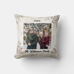 White Greenery Family Photo Christmas Throw Pillow