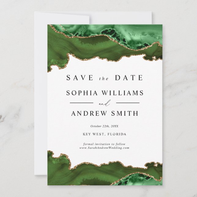White & Greenery Gold Save the Date Invitation (Front)