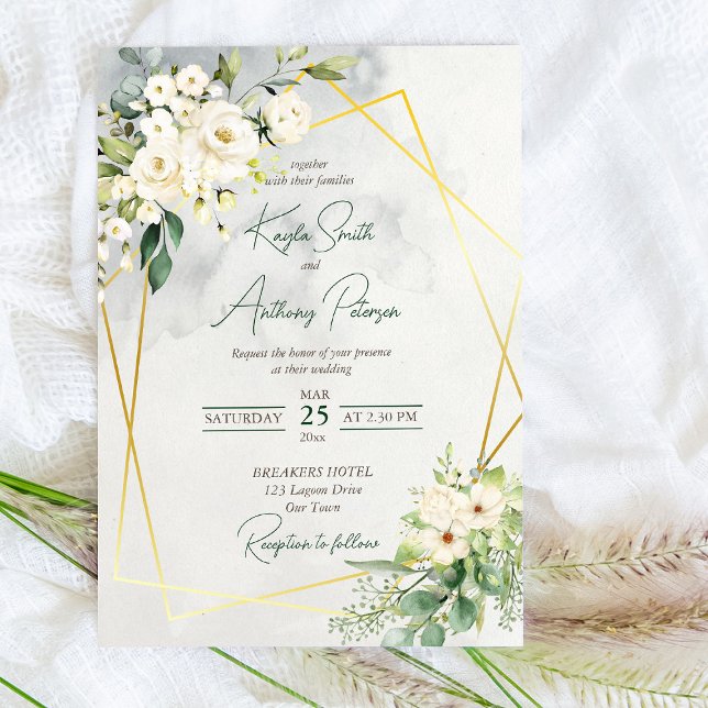 White greenery roses floral wedding invite (Creator Uploaded)