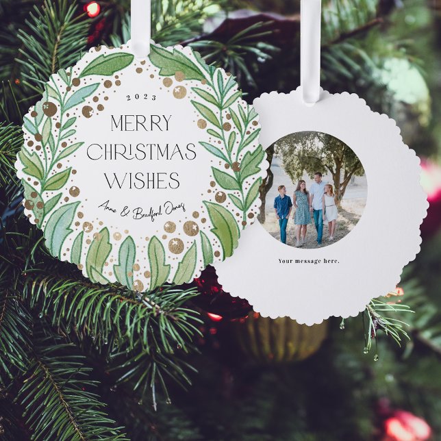 White Greenery Wreath Merry Christmas Tree Decoration Card (roundish ornament card with white background with green leaves and faux gold foil berries)