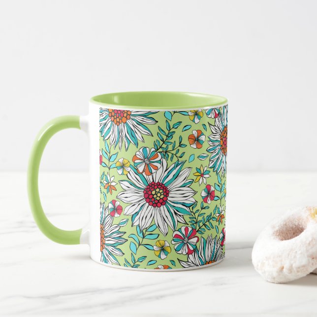 White Greenery Yellow Orange Red Daisy Flowers Mug (With Donut)