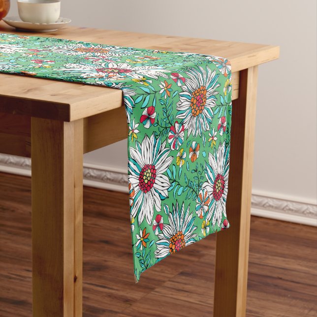 White Greenery Yellow Orange Red Daisy Flowers Short Table Runner (In Situ)