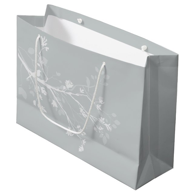 White Grey Bird Branches Wedding Large Gift Bag (Front Angled)