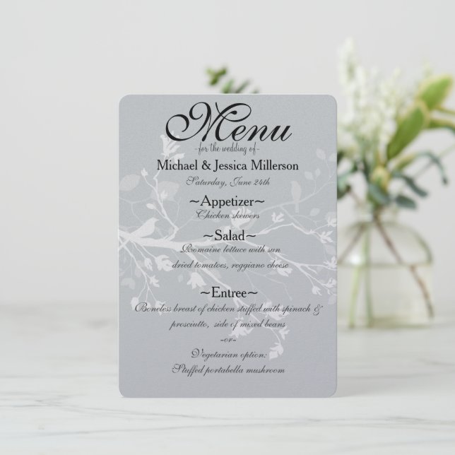 White Grey Bird Branches Wedding Menu (Standing Front)
