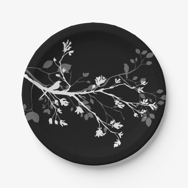 White Grey Black Bird Branches Paper Plate (Front)