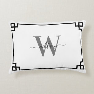 White Grey Black Greek Key Monogrammed Decorative Cushion