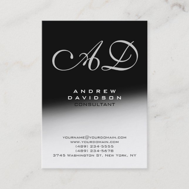 White Grey Black Script Monogram Business Card (Front)