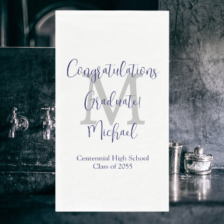 White Grey Blue Monogrammed Graduation Party Napkin