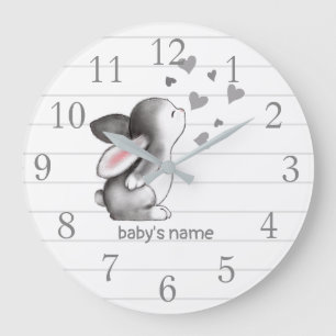 White Grey Bunny Heart Nursery Decor Wall Clock