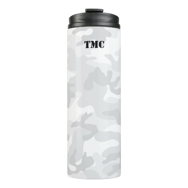 White Grey Camo Black Initials Sports Mod Travel Thermal Tumbler (Front)