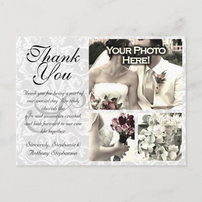 White/Grey Damask Wedding Thank You Card 3 Photos (Front)