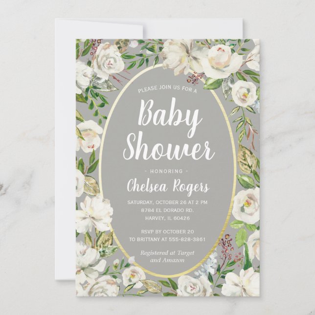 White Grey Floral Gender Neutral Chic Baby Shower Invitation (Front)