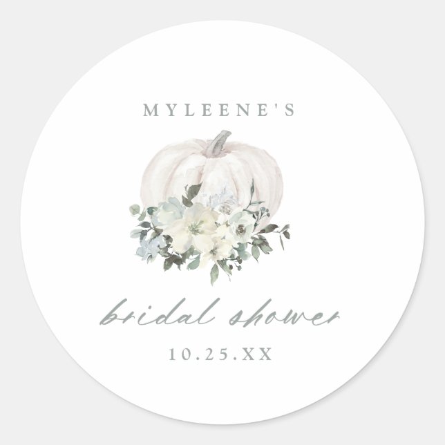 White & Grey Floral Pumpkin Bridal Shower Classic Round Sticker (Front)