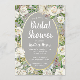 White Grey Floral Wreath Garden Bridal Shower Tea Invitation