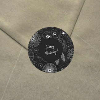 White & Grey Flowers Elegant Outline Pattern Classic Round Sticker