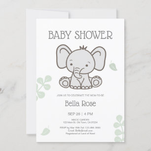 White Grey Gender Neutral Elephant Baby Shower  Invitation