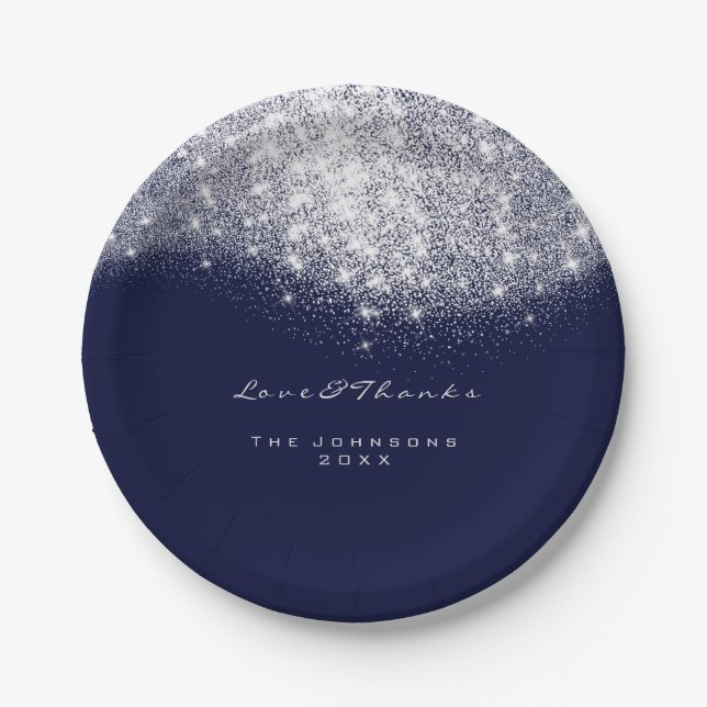 White Grey Glitter Birthday Blue Navy 16th Wedding Paper Plate (Front)