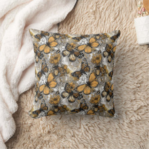 White Grey Gold Elegant Floral Monarch Butterfly Cushion