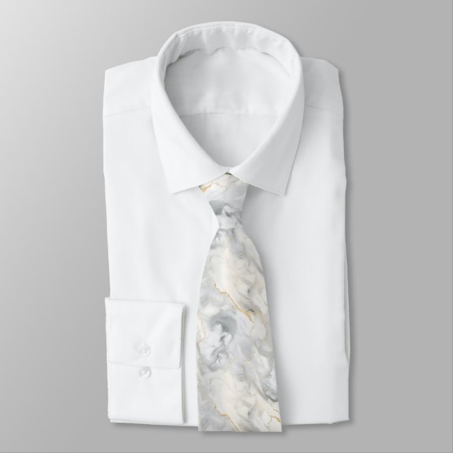  White Grey Gold Marble Swirl Wedding Formal Groom Tie (Tied)