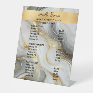 White Grey Gold Marbled Beauty Salon Price List Pedestal Sign
