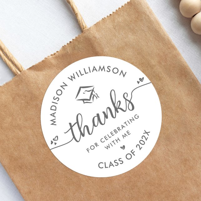 White Grey Graduation Modern Thank You Script Cap Classic Round Sticker (Choose from 8 different colors!)