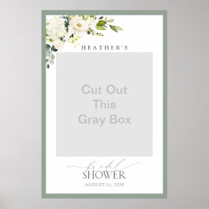 White Grey Green Floral Bridal Shower Photo Booth Poster