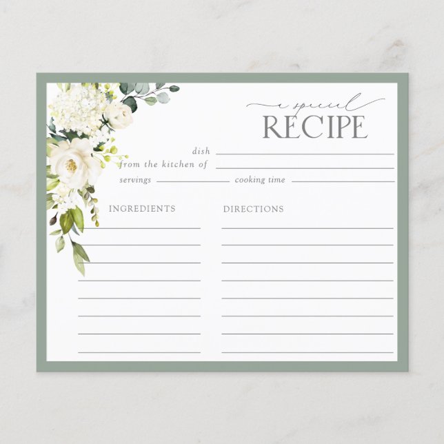 White Grey Green Floral Bridal Shower Recipe Card (Front)