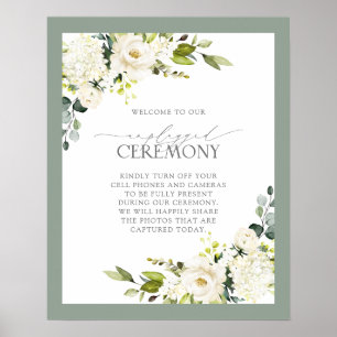 White Grey Green Floral Watercolor Unplugged Poster