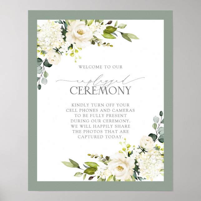 White Grey Green Floral Watercolor Unplugged Poster (Front)