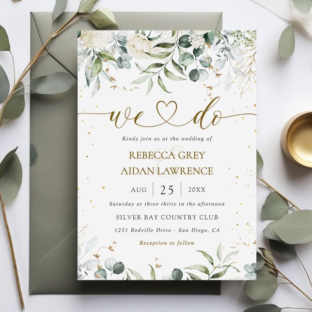 White Grey Green Floral Watercolor Wedding Invitation (Creator Uploaded)
